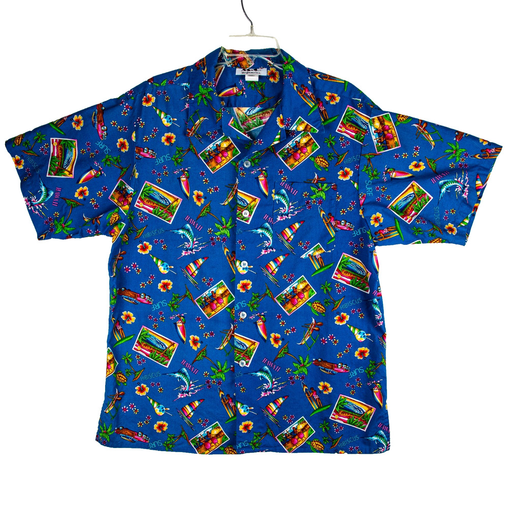 Tiki Hawaiian Shirt – VTG Novelty Surf Postcard Cars | USA Camp Collar Men's XL